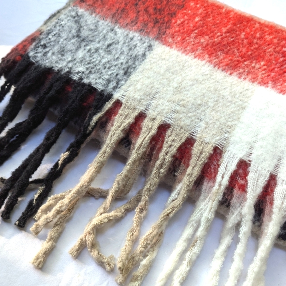 Oversized Plaid Fuzzy Scarf with Big Fringe